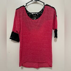 Women's - Daytrip Pink/Black Lace 3/4 Sleeve Tee - Small